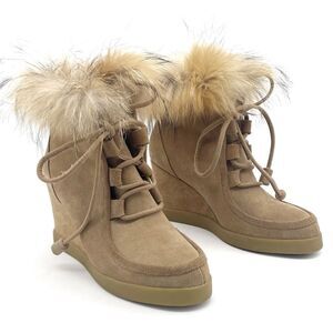 Cecelia New York Holly Wedge Bootie Chestnut Suede Fox Fur Lace Up Boot Size 9